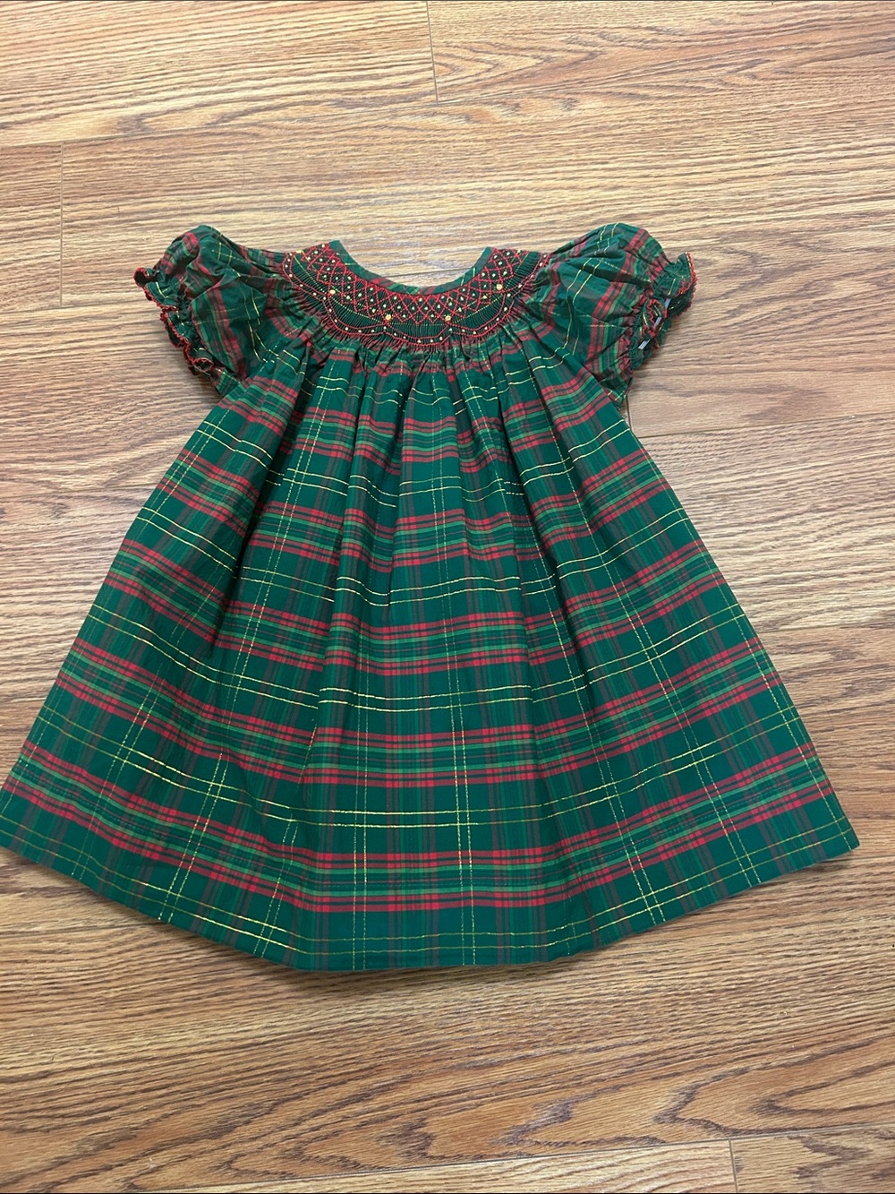 Green Plaid Smocked Holiday Dress with Red and Gold Accents